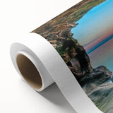 Art deco poster of Lake Michigan with soft blue and beige tones on rolled canvas, ideal for nursery wall art.