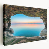 Large canvas print featuring a serene Lake Michigan scene in muted blue and gray tones, suitable for kitchen wall art.