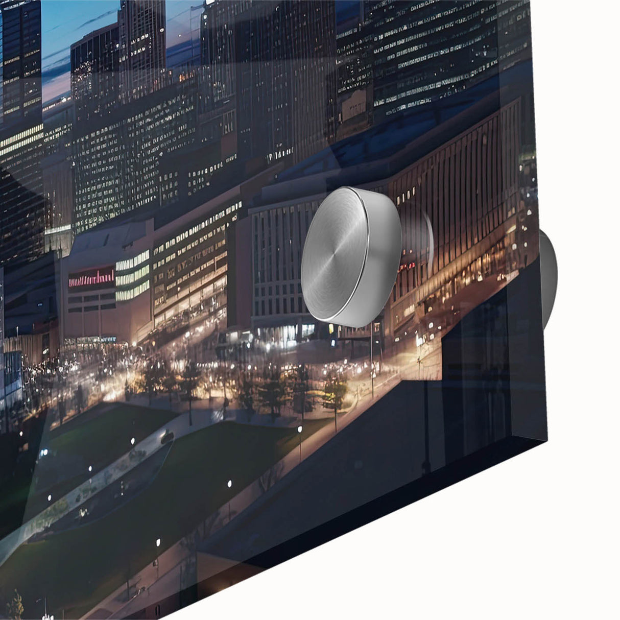 Large abstract wall art of Indianapolis skyline in muted gray and blue tones on acrylic glass.