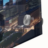 Large abstract wall art of Indianapolis skyline in muted gray and blue tones on acrylic glass.