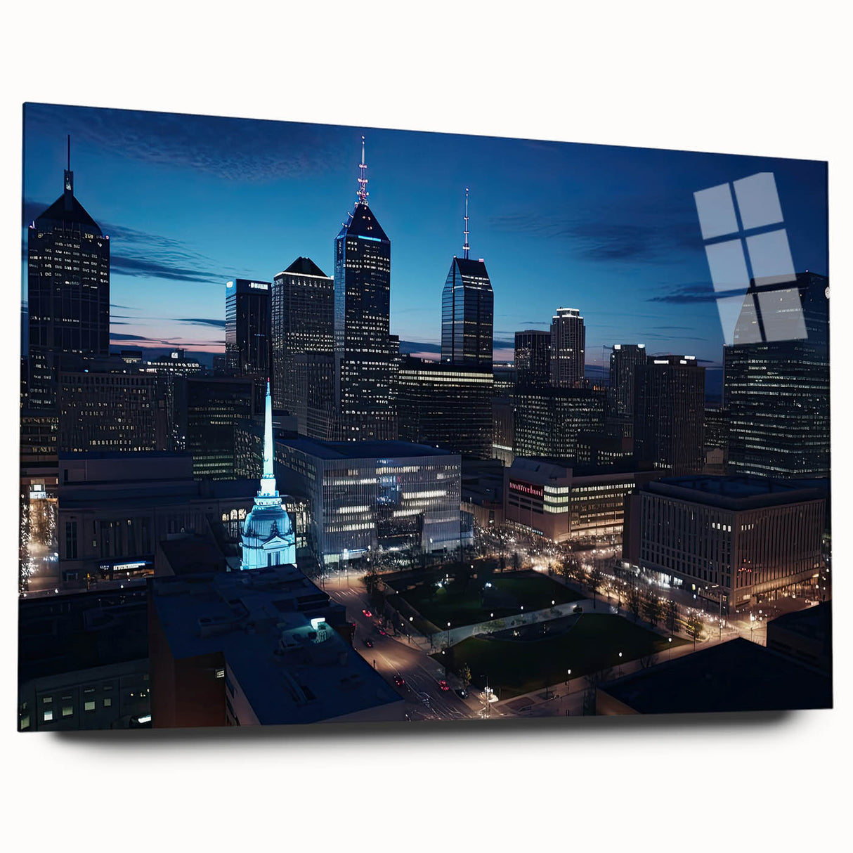 Acrylic print of a large abstract depiction of Indianapolis skyline in muted gray and blue.