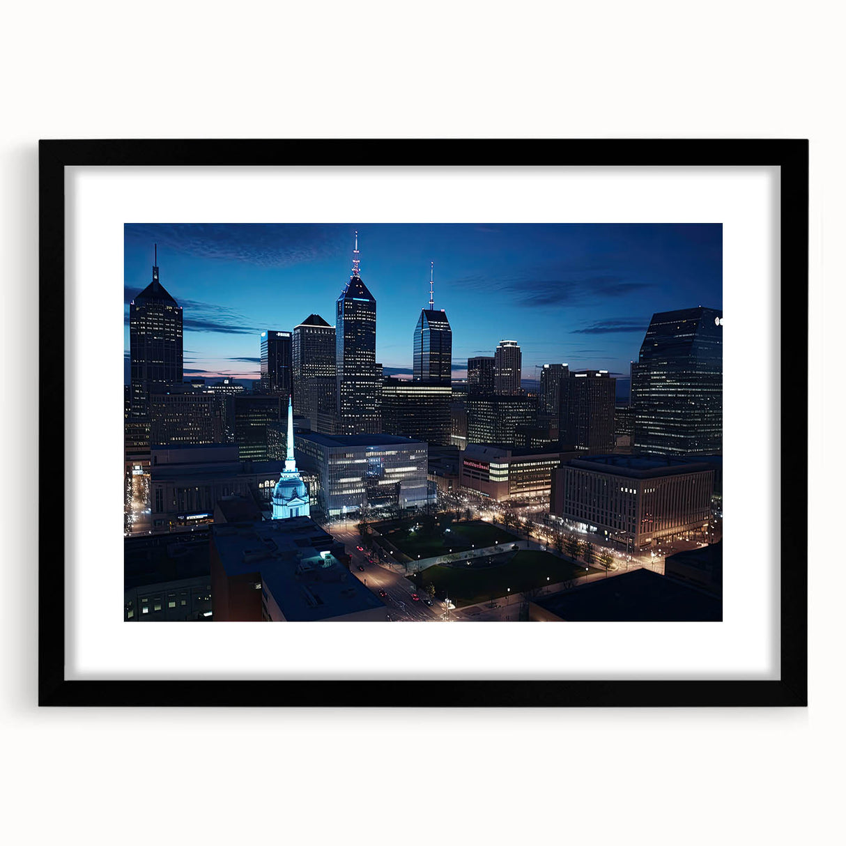 Abstract art print of Indianapolis skyline in vibrant, colorful textures on a large framed canvas.