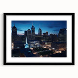 Abstract art print of Indianapolis skyline in vibrant, colorful textures on a large framed canvas.