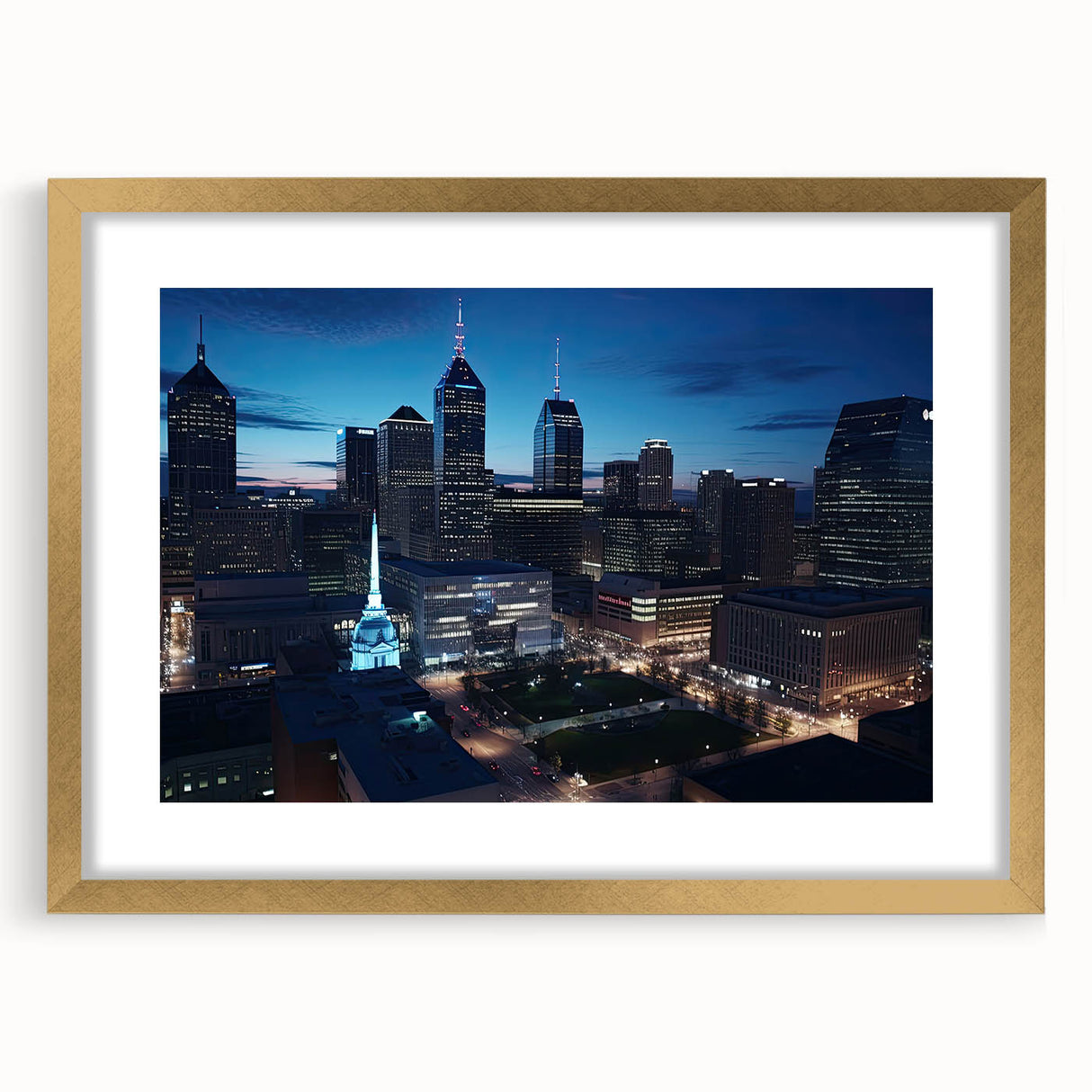 Extra large abstract art print of Indianapolis skyline in textured gold frame, ideal for living room decor.
