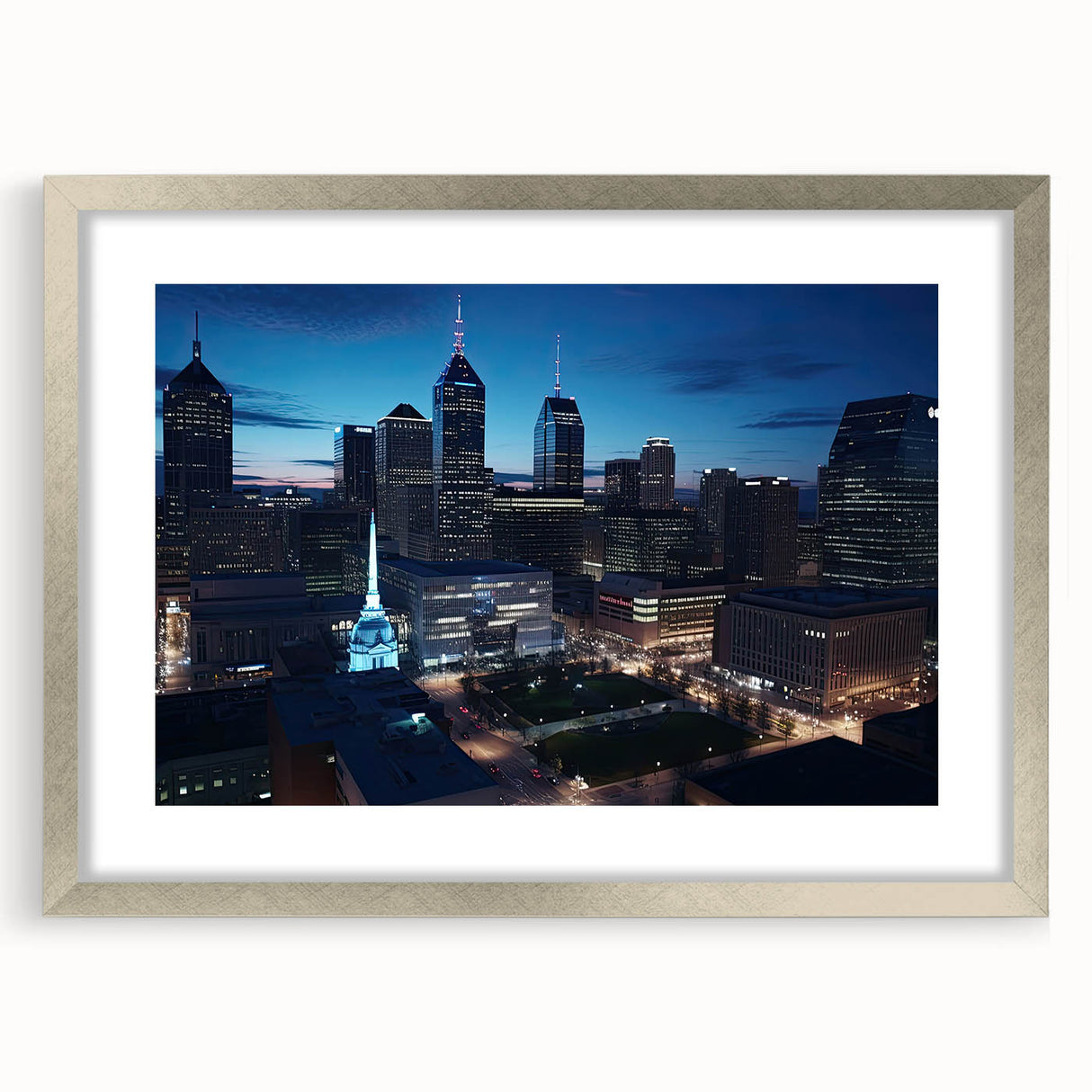 Textured art print of abstract Indianapolis skyline in muted gray and silver tones, framed in silver.