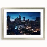Textured art print of abstract Indianapolis skyline in muted gray and silver tones, framed in silver.
