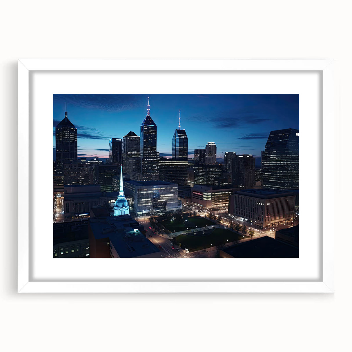 Abstract art print of Indianapolis skyline in muted blue and gray tones on a framed white mat.