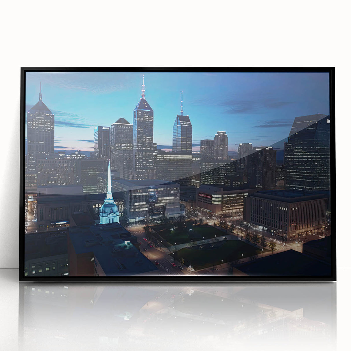 Large abstract wall art depicting the Indianapolis skyline in muted black and gray tones on a framed acrylic print.