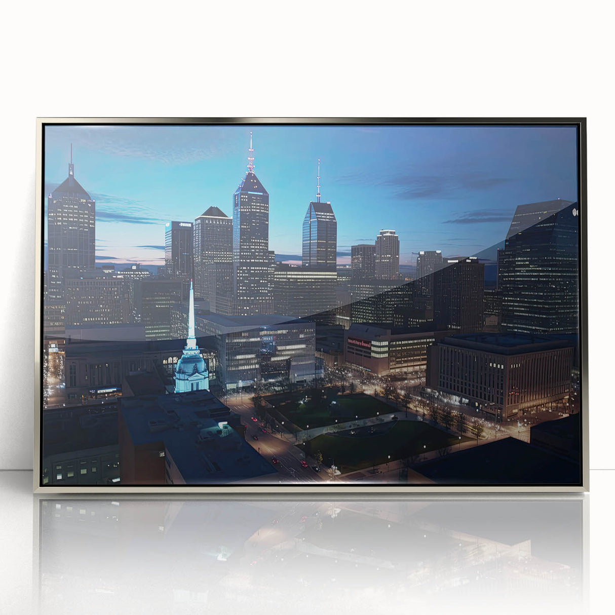 Mid-century modernist art of Indianapolis skyline in muted tones on silver-framed acrylic, ideal for modern art wall decor.