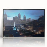 Mid-century modernist art of Indianapolis skyline in muted tones on silver-framed acrylic, ideal for modern art wall decor.