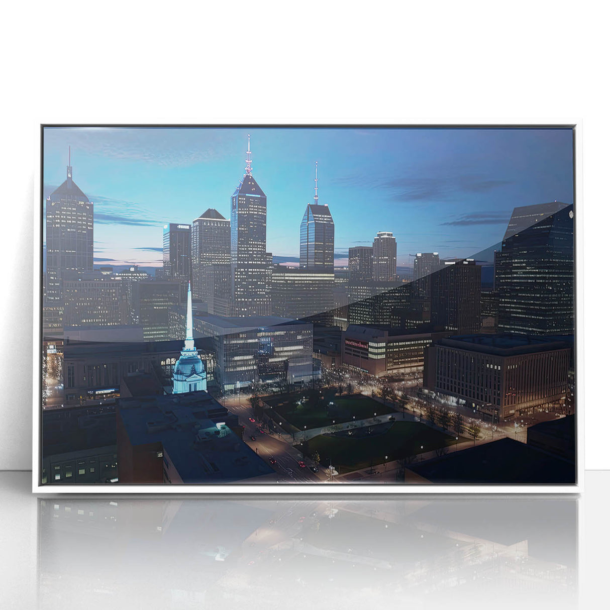 Art deco poster of Indianapolis skyline in muted gray and blue tones on framed acrylic, suitable for modern art wall decor.
