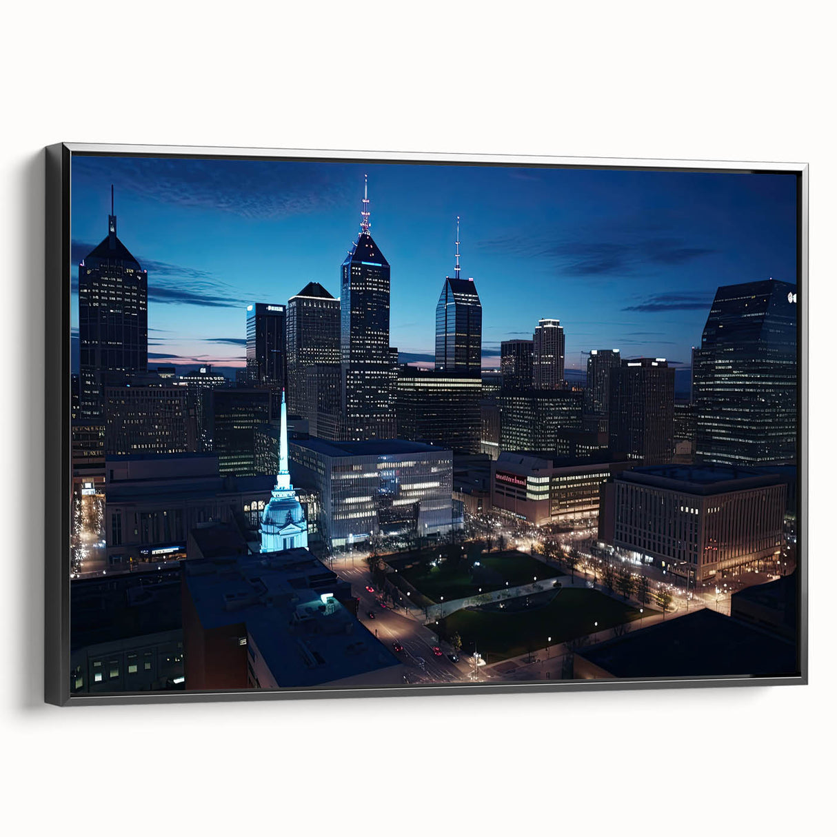 Black and white framed canvas of Indianapolis landscape, ideal for bedroom wall decor.