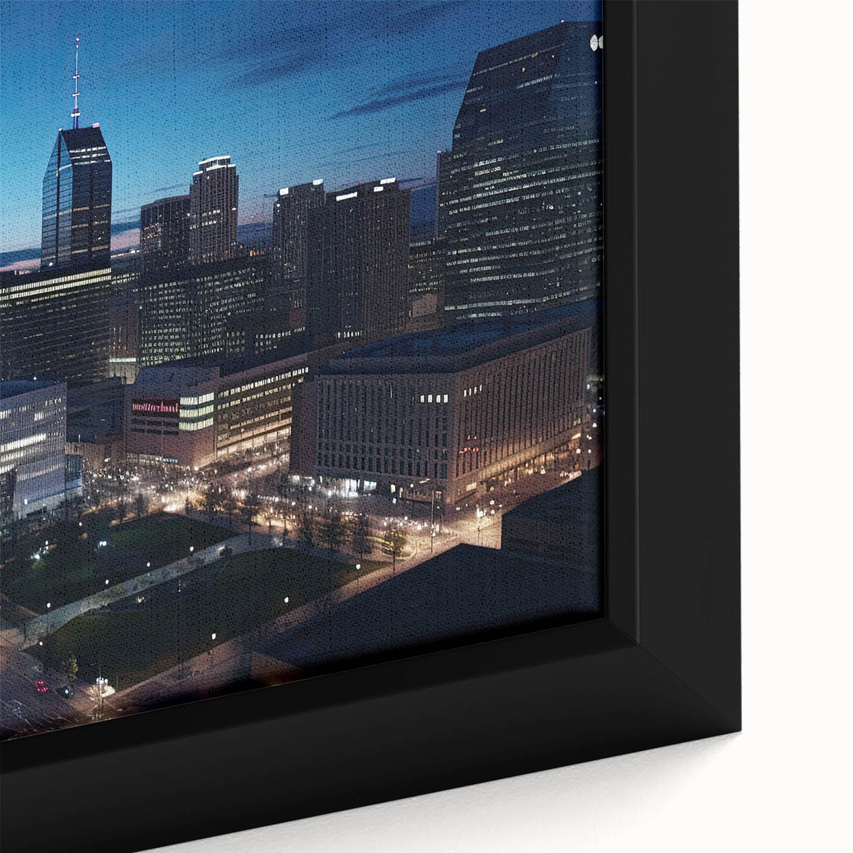 Extra large framed canvas featuring a textured depiction of the Indianapolis skyline in black with colorful accents.