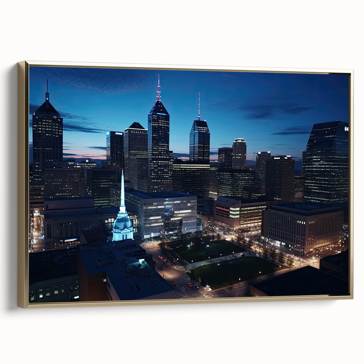Framed canvas wall art depicting the Indianapolis skyline in vintage poster style with black and gold tones.