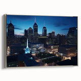 Framed canvas of Indianapolis skyline in colorful hues, ideal for office wall decor.