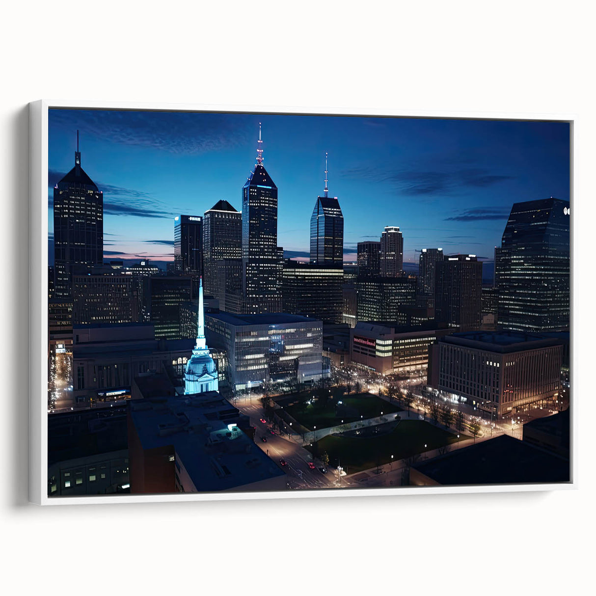 Vintage poster art of Indianapolis skyline in vibrant colors on a large framed canvas, ideal for living room decor.