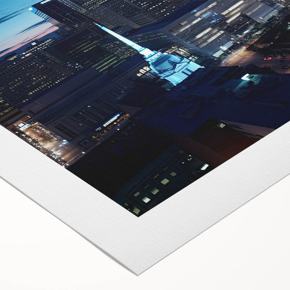Art Deco poster of Indianapolis skyline in muted gold and blue tones on rolled canvas, suitable for dining room decor.