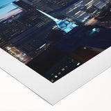 Art Deco poster of Indianapolis skyline in muted gold and blue tones on rolled canvas, suitable for dining room decor.