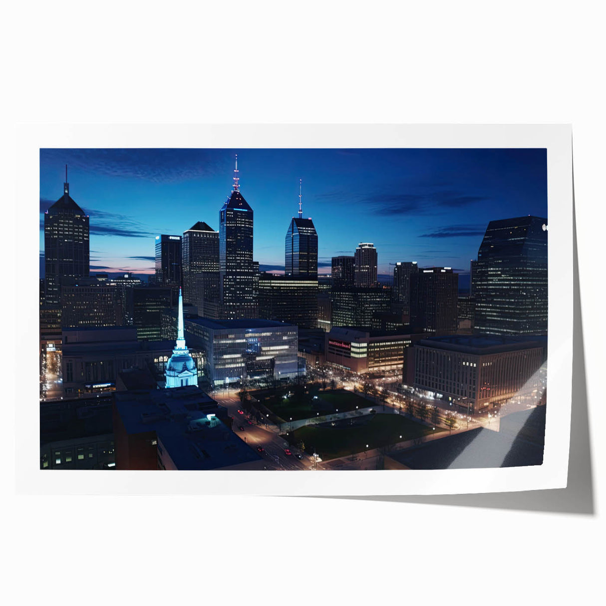 Extra large rolled print of Indianapolis skyline with muted floral designs, ideal for art wall dining room.