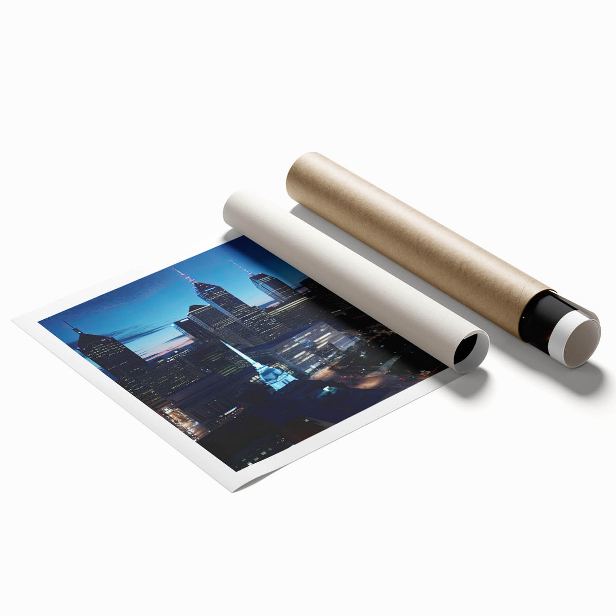 Extra large rolled print of Indianapolis skyline with floral motifs in soft pastel hues.