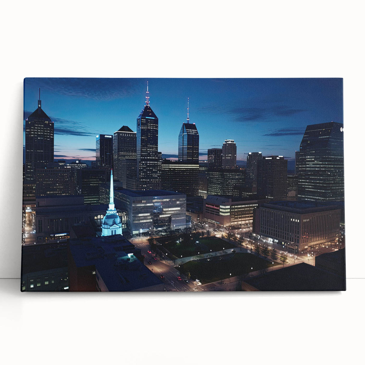Black and white stretched canvas of Indianapolis skyline, ideal for kitchen wall art or bedroom ambiance.
