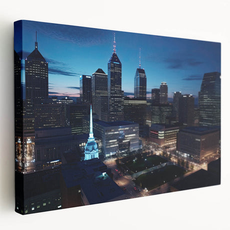Indianapolis skyline on stretched canvas with vivid sunset colors, ideal for kitchen wall art.