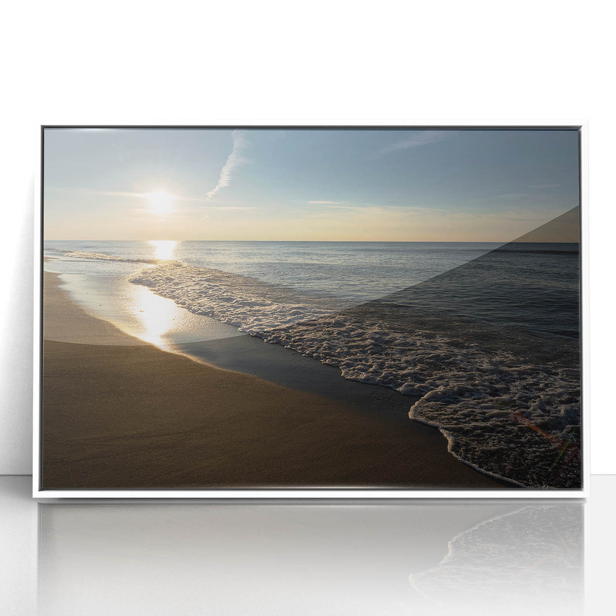 Framed acrylic print of an art deco Indiana landscape in soft blue and white tones, suitable for nursery wall art.