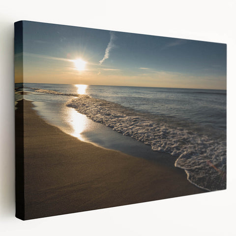 Large art depicting a serene Indiana landscape in muted green and blue tones on stretched canvas.