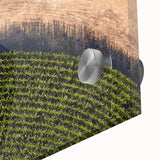 Large abstract wall art depicting Iowa scenery in muted earth tones on acrylic glass, suitable for dining room ambiance.