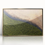 Mid-century modernist Iowa scenery in gold and blue tones on a framed acrylic, ideal for modern art wall decor.