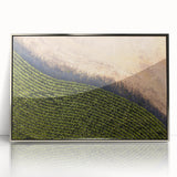 Mid-century modernist art depicting Iowa scenery in muted earth tones on a framed acrylic panel, ideal for nursery wall art.