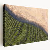 Side view of a stretched canvas featuring a serene Iowa landscape in muted green and blue tones.
