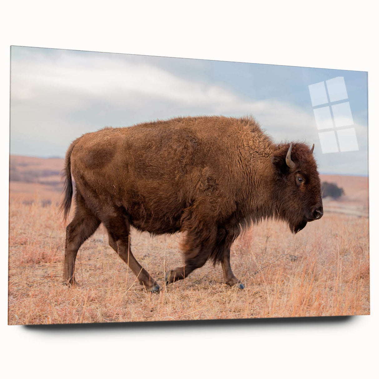 Large abstract wall art depicting a Kansas scenery in muted earth tones on acrylic glass.