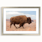 Textured abstract art print of Kansas scenery in muted earth tones on a framed silver mat, suitable for bedroom decor.