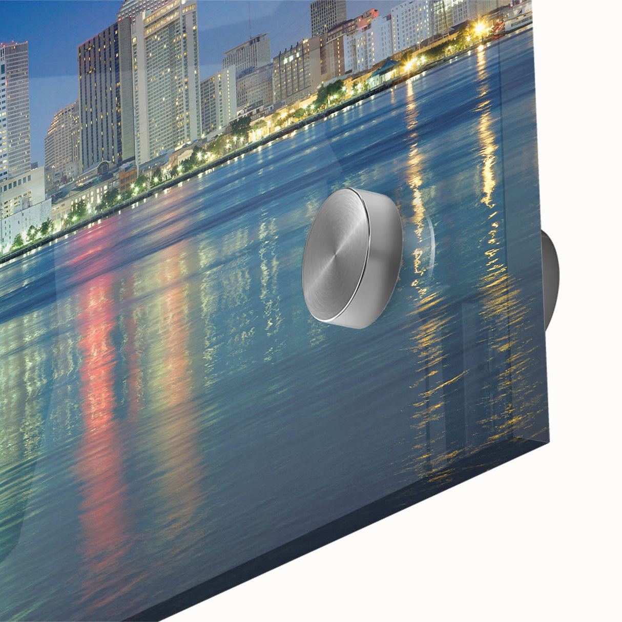 Large abstract wall art featuring a mid-century modernist New Orleans scene in muted blues and greens on acrylic glass.