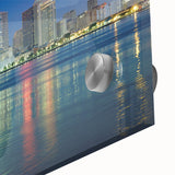 Large abstract wall art featuring a mid-century modernist New Orleans scene in muted blues and greens on acrylic glass.