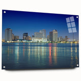 Acrylic print of a New Orleans cityscape in muted blues and greens, suitable for dining room decor.