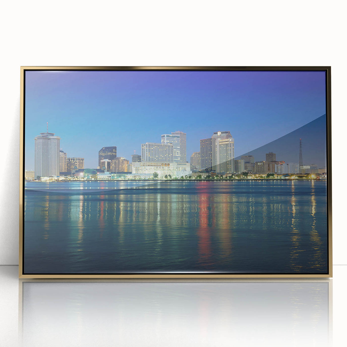Framed acrylic print of a mid-century modernist New Orleans scene in gold and teal, ideal for nursery wall art.