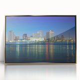 Framed acrylic print of a mid-century modernist New Orleans scene in gold and teal, ideal for nursery wall art.