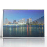 Art deco poster of New Orleans skyline in muted blue and white tones, framed acrylic, suitable for modern nursery decor.