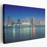 New Orleans cityscape in muted gray and blue tones on a large stretched canvas, ideal for kitchen wall art.