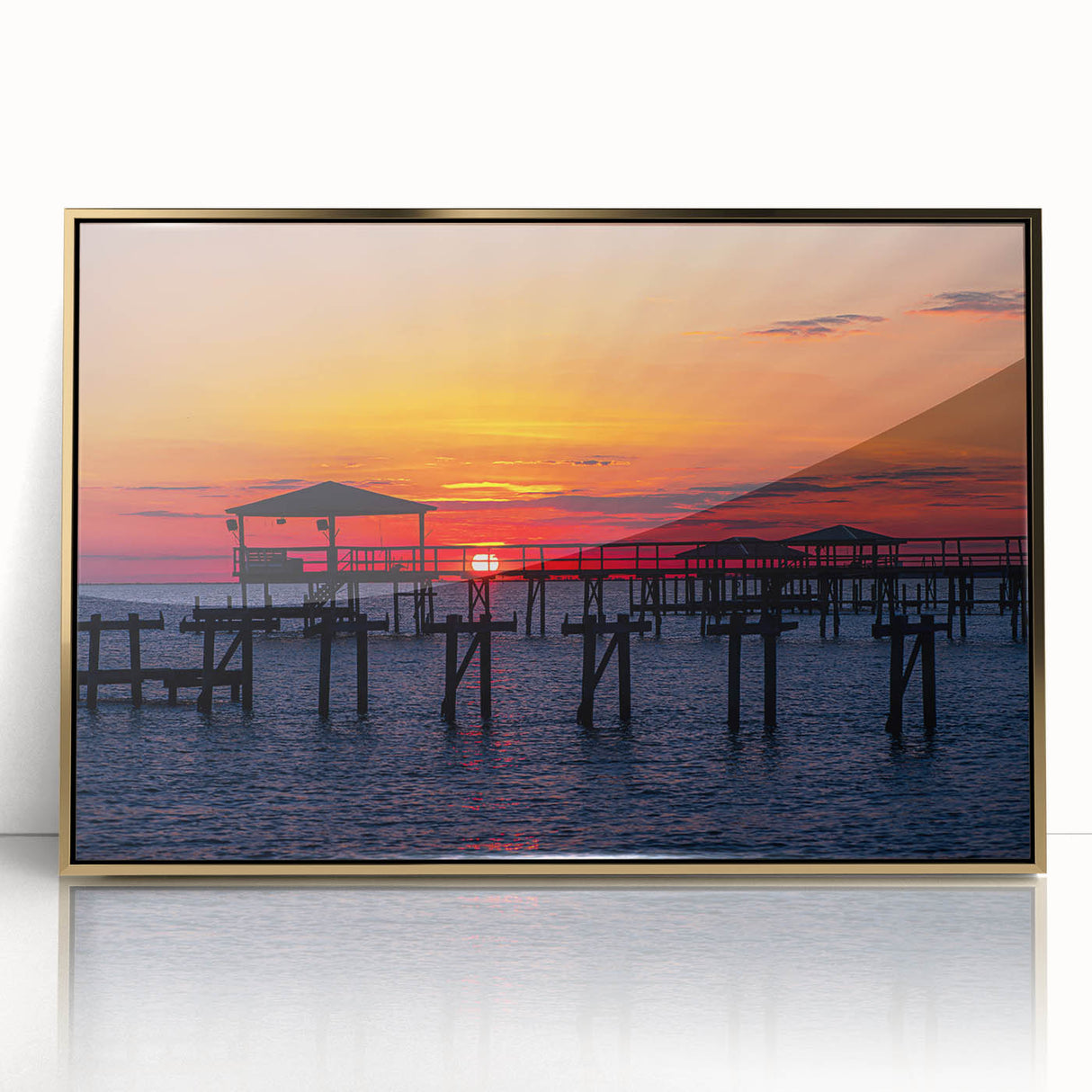 Acrylic print of a Louisiana landscape in muted earth tones, framed in gold, suitable for modern art wall decor.