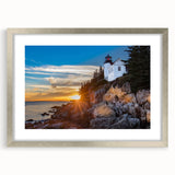 Textured abstract art print of Acadia, Maine, in muted earth tones on a framed silver mat, ideal for bedroom art.