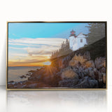 Large art print of Acadia, Maine scenery on a framed acrylic, featuring mid-century modernist style with muted natural tones.