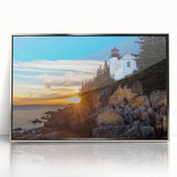 Acadia National Park scenery in muted earth tones on a silver-framed acrylic.