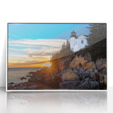 Acadia National Park scenery depicted in art deco style on a white framed acrylic, featuring serene blue and green tones.