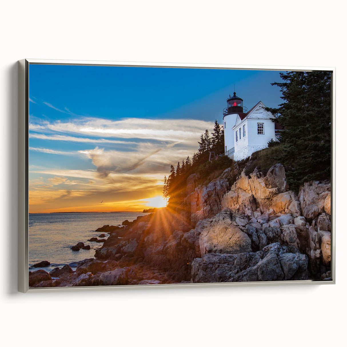 Framed canvas featuring a landscape art painting of Acadia, Maine, with vibrant colors on a black background.