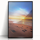 Large abstract wall art depicting a serene Maine landscape in muted earth tones, framed in black acrylic.