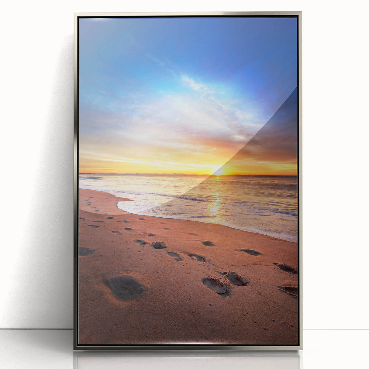 Mid-century modernist art depicting a serene Maine landscape in muted blue and green tones, framed in silver acrylic.