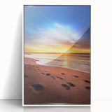 Art deco poster of a serene Maine landscape in muted blue tones, framed in white acrylic, ideal for nursery wall art.